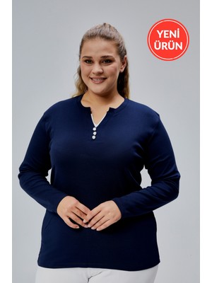 Curve Büyük Beden %100 Pamuklu Likralı Bisiklet Yaka Basic Düz Uzun Kol Lacivert Bluz