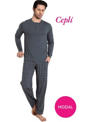 Erkek 3 Düğmeli Ekose Desen Pamuk Likra Mevsimlik Modal Uzun Kol Manşetli Cepli Pijama Takımı