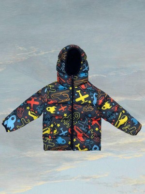 Kız Çocuk Polarlı Kapüşonlu Helikopter Desenli Kışlık Şişme Mont & Kaban & Parka