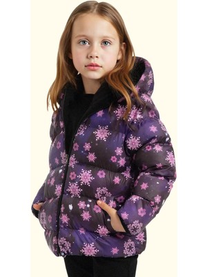 Kız Çocuk Pusula Desen Polar Su ve Rüzgar Geçirmez Kapüşonlu Şişme Kışlık Mont