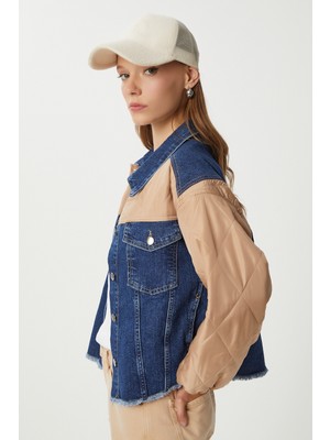 Kapitone Detaylı Denim Ceket LRW0002 Koyu Mavi Bej