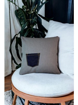 Kot Kumaştan Cep Detaylı 43X43 Dekoratif Kırlent Kılıfı Gri Denim Modern
