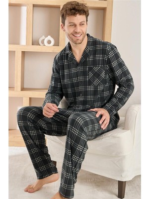 Siyah Ekru Ekose Desenli Düğmeli Elegant Erkek Pijama Takımı Polar Kumaş ile Rahatlık
