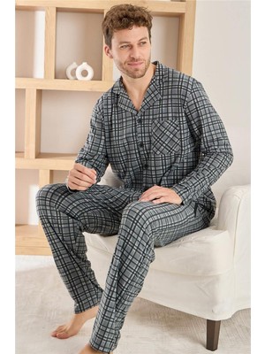 Gri Ekose Desenli Düğmeli Elegant Erkek Pijama Takımı Polar Kumaş ile Rahatlık Sunar
