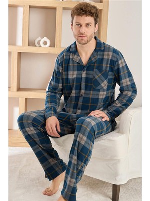 Düğmeli Açık Lacivert Ekose Desenli Erkek Pijama Takımı Polar Kumaş ile Yumuşak Konfor