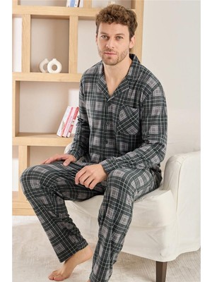 Siyah Ekose Desenli önden Düğmeli Elegant Erkek pijama takımı