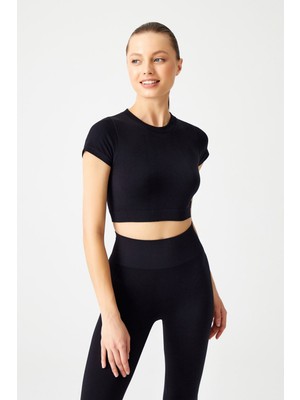 Los Ojos Kadın Seamless Crop Top Siyah Spor T-Shirt Slim Fit Tasarım %95 Poliamid