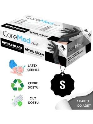 Coremed Nitril Siyah Eldiven S Beden – Gıda ve Medikal Uyumlu, 100’LÜ