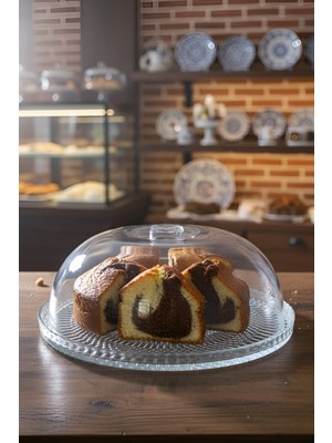 Cam Kek ve Pasta Sunum Fanusu Kapaklı Kristal Desenli Ayaklı Sunum Standı 28 cm