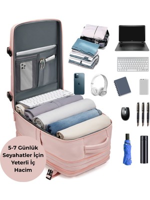 Relaxus Su Geçirmez Pembe 16" Inç Laptop Bölmeli Seyahat Sırt Çantası 39L USB Şarj Girişi
