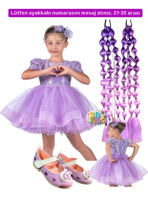 Kuromi Mor Payetli Kabarık Elbise Gelinlik Kostüm + 2 Adet Mor Bubble Saç + Mor Babet Seti Doğumgünü