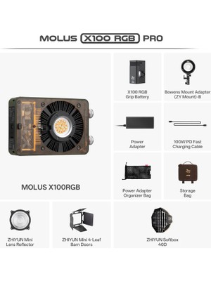 Zhiyun Molus X100 RGB COB Pro 100W Taşınabilir RGB Led Işık (Grip Batarya + DC Güç + Mini Reflektör)