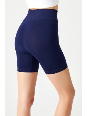 Lacivert Yüksek Bel Dikişsiz Toparlayıcı Kısa Spor Tayt Seamless Biker