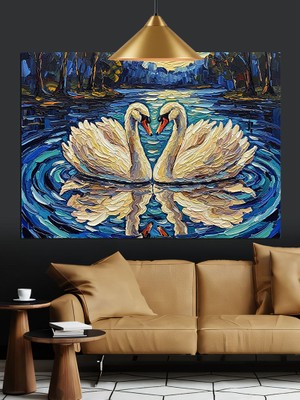 Gölde Kalpli Kuğu Çifti Dekoratif Kanvas - Mdf Ahşap Tablo