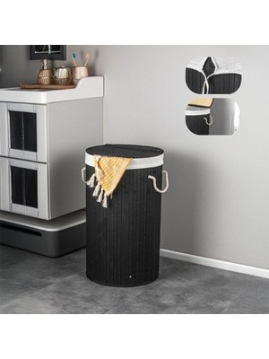 El Yapımı Hasır Katlanır Çamaşır Sepeti Yuvarlak 55 Litre (35CM*35CM*61CM), Doğal Malzemeden Üretilmiş Çamaşırlık (Siyah)