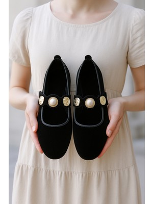 Kadın Babet Ayakkabı Kadife Altın Tokalı Şık Hafif Ortopedik Ses Yapmaz Taban