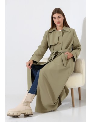Amazon Keten Kumaş Uzun Boy Düğmeli Astarlı Yumuşak Dokulu Trenç Kot Mint Yeşil