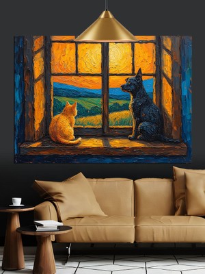 Pencereden Bakan Kedi ve Köpek Dekoratif Kanvas - Mdf Ahşap Tablo
