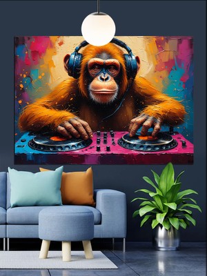 Dj Kulaklıklı Maymun Çizimi Dekoratif Kanvas - Mdf Ahşap Tablo