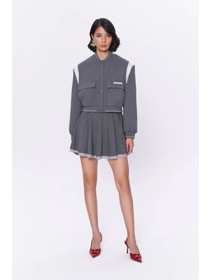 Kumaş Match Detaylı Volanlı Mini Etek Koyu Gri
