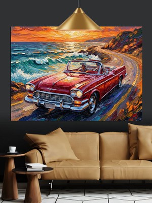 Gün Batımında Kırmızı Araba Dekoratif Kanvas - Mdf Ahşap Tablo