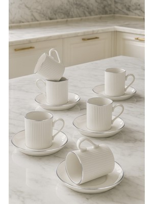 12 Parça 6 Kişilik Stackable Çizgili Gümüş Yaldızlı Kahve Fincan Takımı - Kahve Fincanı Seti 100ML