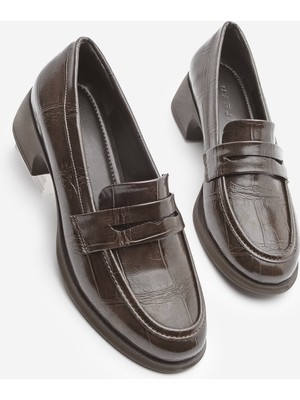 Marjin Kadın Loafer Croco Günlük Kalın Topuklu Ayakkabı Nufit Kahve