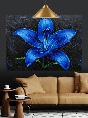 Koyu Fon Üzerinde Mavi Zambak Dekoratif Kanvas - Mdf Ahşap Tablo