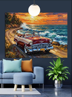 Sahilde Kırmızı Klasik Araba Dekoratif Kanvas - Mdf Ahşap Tablo
