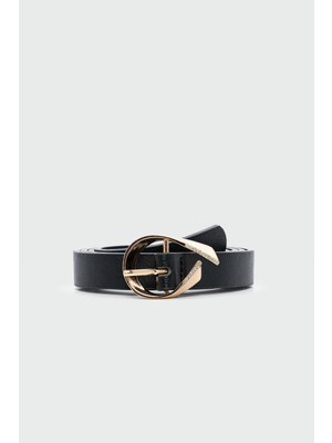 Oval Taşlı Tokalı Suni Deri Kemer Siyah