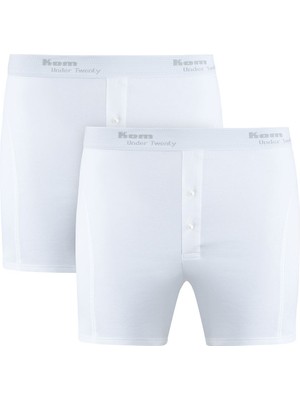 Erkek Boxer 2 Düğme Detaylı Pamuk-Modal 2'LI Beyaz - Beyaz - Bcp1.loıngbboux-Be-L