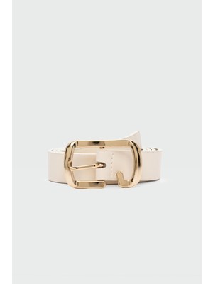 Dikdörtgen Kesik Suni Deri Kemer Krem