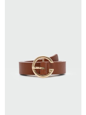 Yuvarlak Tokalı Suni Deri Kemer Kahve