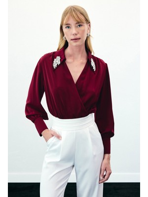 Aksesuar Detaylı Bodysuit Bluz - Bordo
