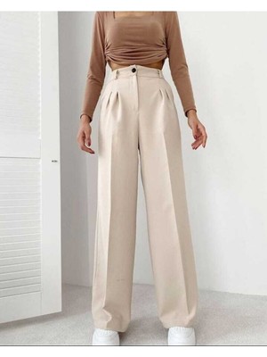 Kadın Bej Pileli Kumaş Palazzo Pantalon