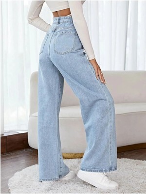 Ramrod Kadın Bipa Süper Yüksek 90's Mavi Likralı Salaş Palazzo Pantolon Düz Desenli Denim
