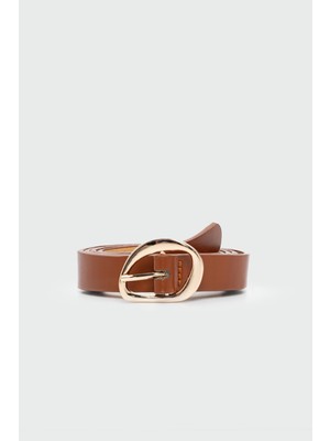 Asimetrik Tokalı Ince Suni Deri Kemer Taba