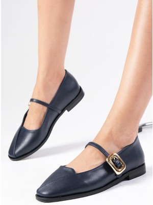 Mio Gusto Juliet Lacivert Renk Yandan Tokalı Kadın Babet Ayakkabı