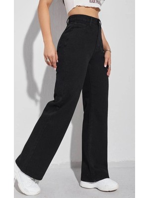 Elliy Simsiyah Likralı Süper Yüksek Bel Salaş Jeans Palazzo Pantolon (Süper Yüksek.) Wide Leg.