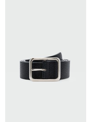 Dikdörtgen Tokalı Tırtıklı Suni Deri Kemer Siyah