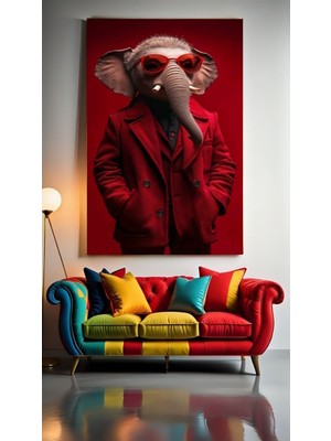 Özkacar Group Kırmızı Takım Elbiseli Fil Ev Duvar Salon Güzellik Salonu Ofis Dükkan Dekarasyon Kanvas Tablo