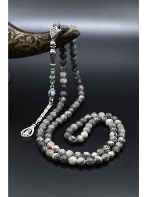 Doğal Gri Jasper Taşlı 99'lük Tesbih Metal Püsküllü 6mm Küre Kesim 902265