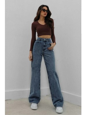 Taiti Likralı Salaş Kadın Mavi Süper Yüksek Bel Salaş Paça Denim Kot Pantolon