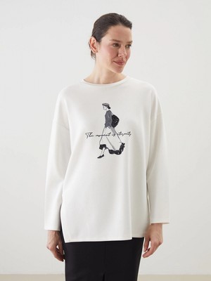 Lcwaıkıkı Classic Ekru Bisiklet Yaka Baskılı Oversize Kadın Sweatshirt Tunik