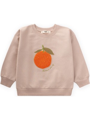 Cigit Bej Sweatshirt Kız Çocuklar İçin Süzene Nakışlı 1-7 Yaş Truvakar Kol