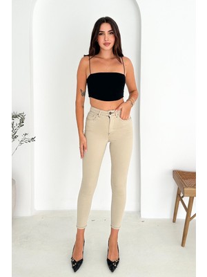 Hlt Jeans Kadın Fil Dişi Süper Skinny Fit Koyu İplik Detaylı Esnek Likralı Yüksek Bel Jean Kot Pan JENNİE-2010