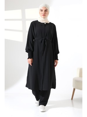 Kadın Keten Hac ve Umre Kıyafeti Kemerli Tesettür Ikili Takım - Siyah