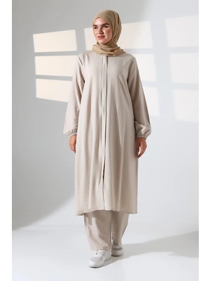 Kadın Hac ve Umre Kıyafeti Kraşlı Tesettür Ikili Takım - Krem