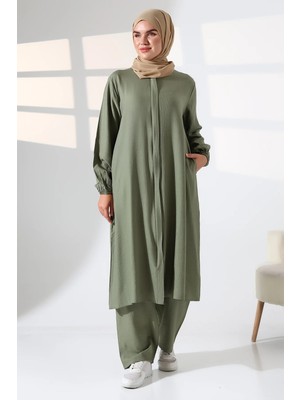 Kadın Hac ve Umre Kıyafeti Kraşlı Tesettür Ikili Takım - Yeşil