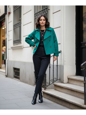 Pastelastore %100 Pamuk Gabardin Astarlı Oversize Geniş Kalıp Kadın Crop Kısa Trençkot 1122